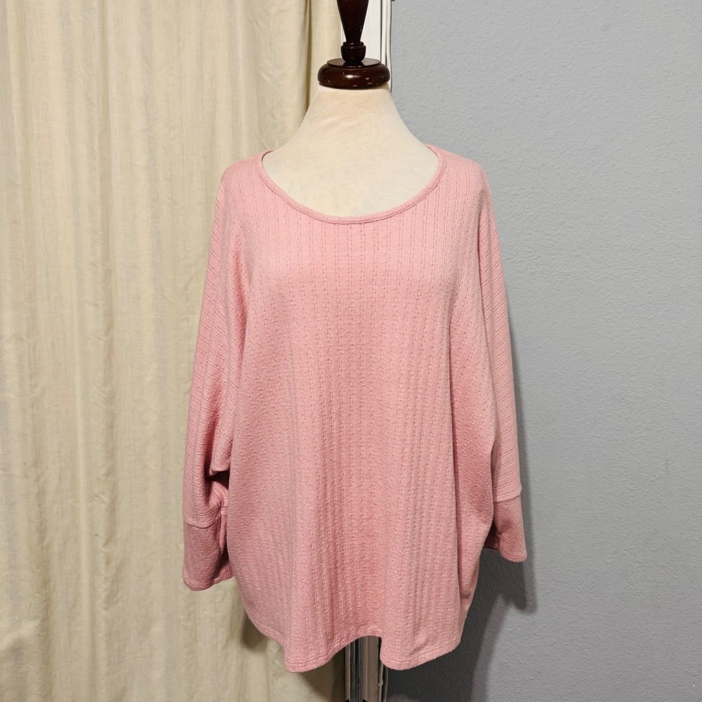 Retrology Pink Ribbed Knit Oversized‎ Batwing Dolman Sleeve Top Women 2X